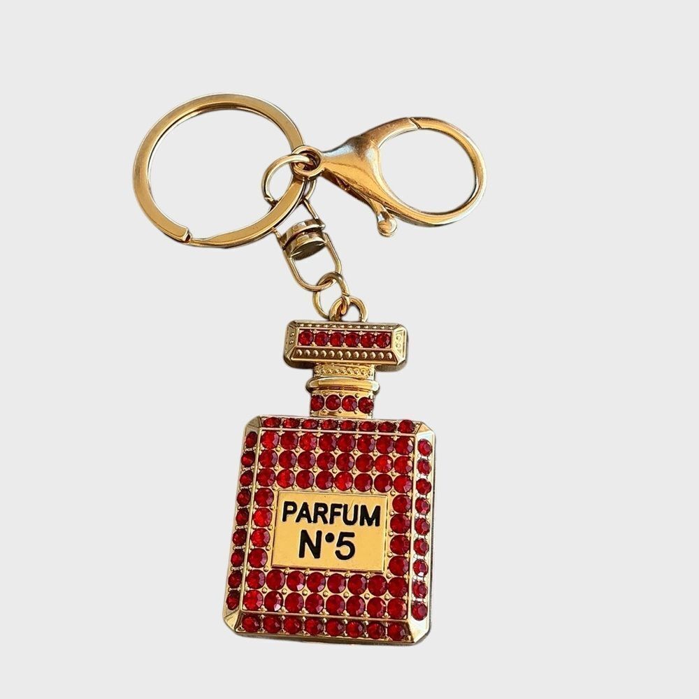 Rhinestone Perfume Bottle Purse Charm Keychain Red Gold Leopard NWT